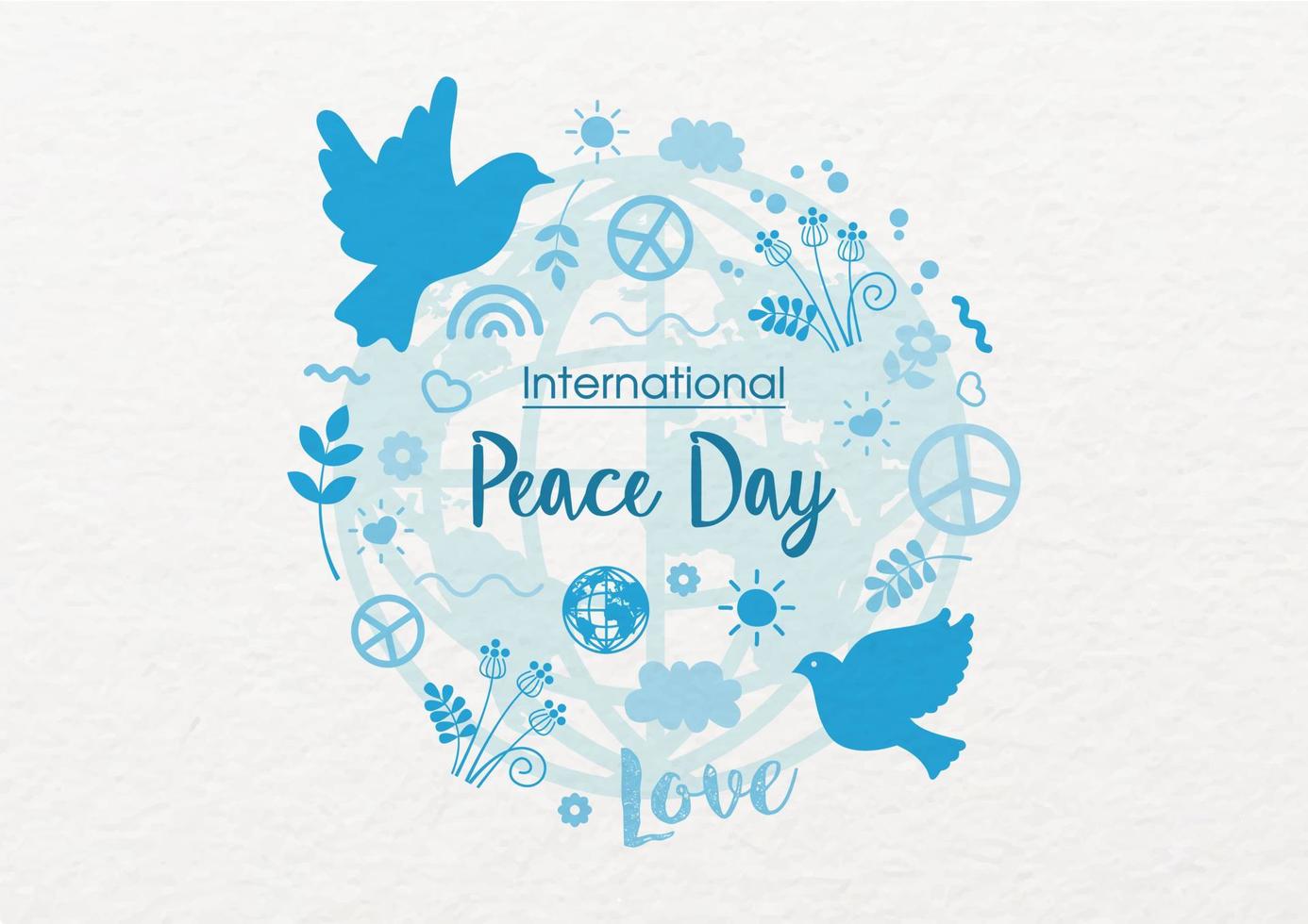 Symbols of Peace day in blue color and flat style with International Peace day letters on white paper pattern background. Card and poster of Peace day in vector design.