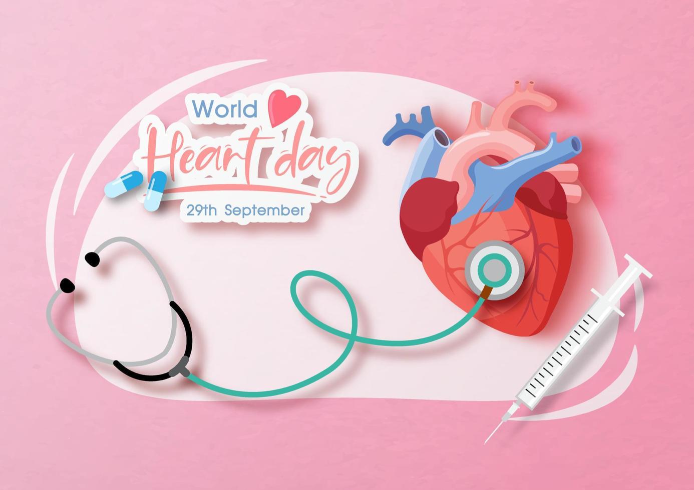 Doctor stethoscope with a human heart and the day and name of event banner on abstract shape and pink paper pattern background. Poster campaign of World Heart Day in paper cut style and vector design.