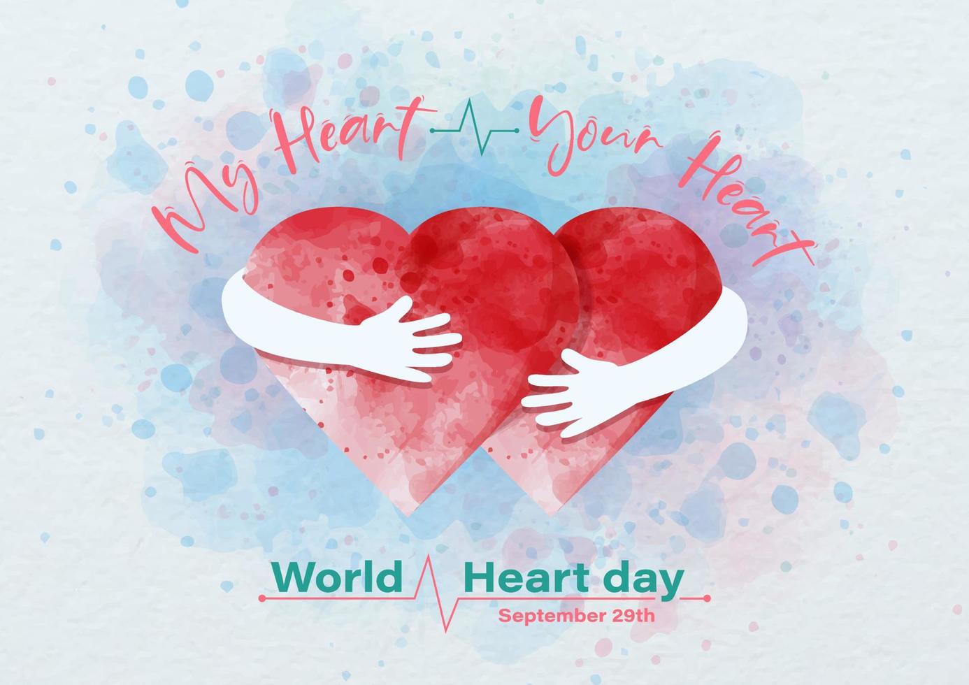 Image of human hands acting hug a red heart and wording of World Heart Day, example texts on blue and white paper pattern background. Poster's campaign in watercolors and vector design.