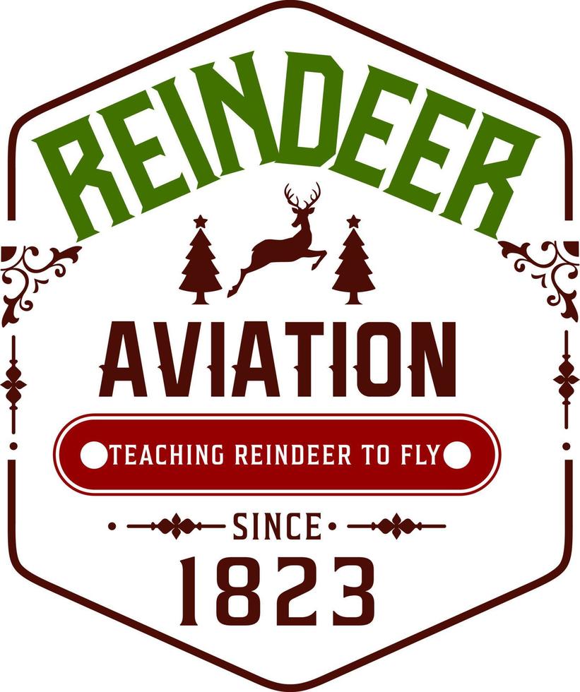 aviación de renos. navidad vintage retro tipografía etiquetas insignias vector diseño aislado sobre fondo blanco. adornos vintage de vacaciones de invierno, citas, letreros, etiquetas, etiquetas postales, matasellos