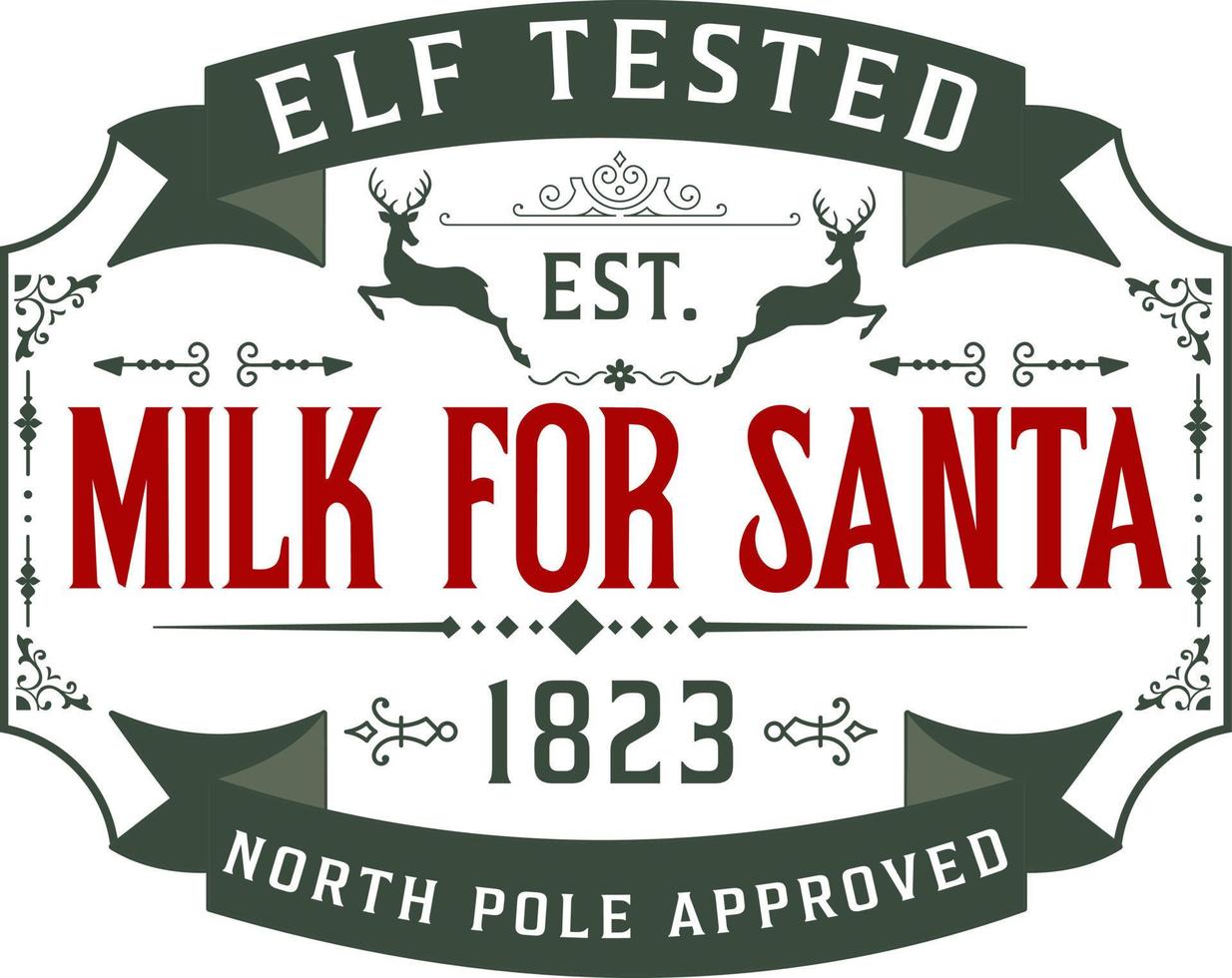 Milk for santa elf tested. Christmas vintage retro typography labels badges vector design isolated on white background. Winter holiday vintage ornaments, quotes, signs, tag, postal label,  postmark