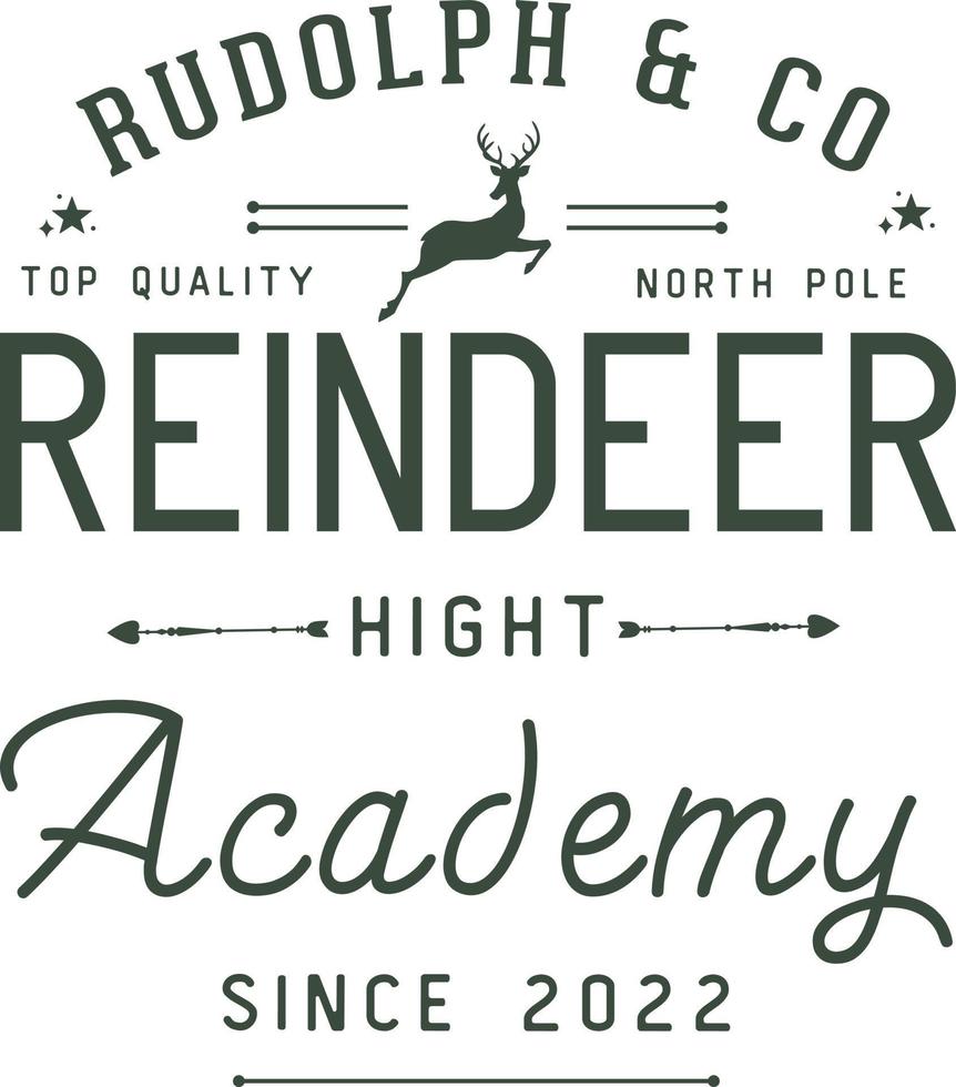 Rudolph and co reindeer academy.  Christmas vintage retro typography labels badges vector design isolated on white background. Winter holiday vintage ornaments, quotes, signs, tag, postal label
