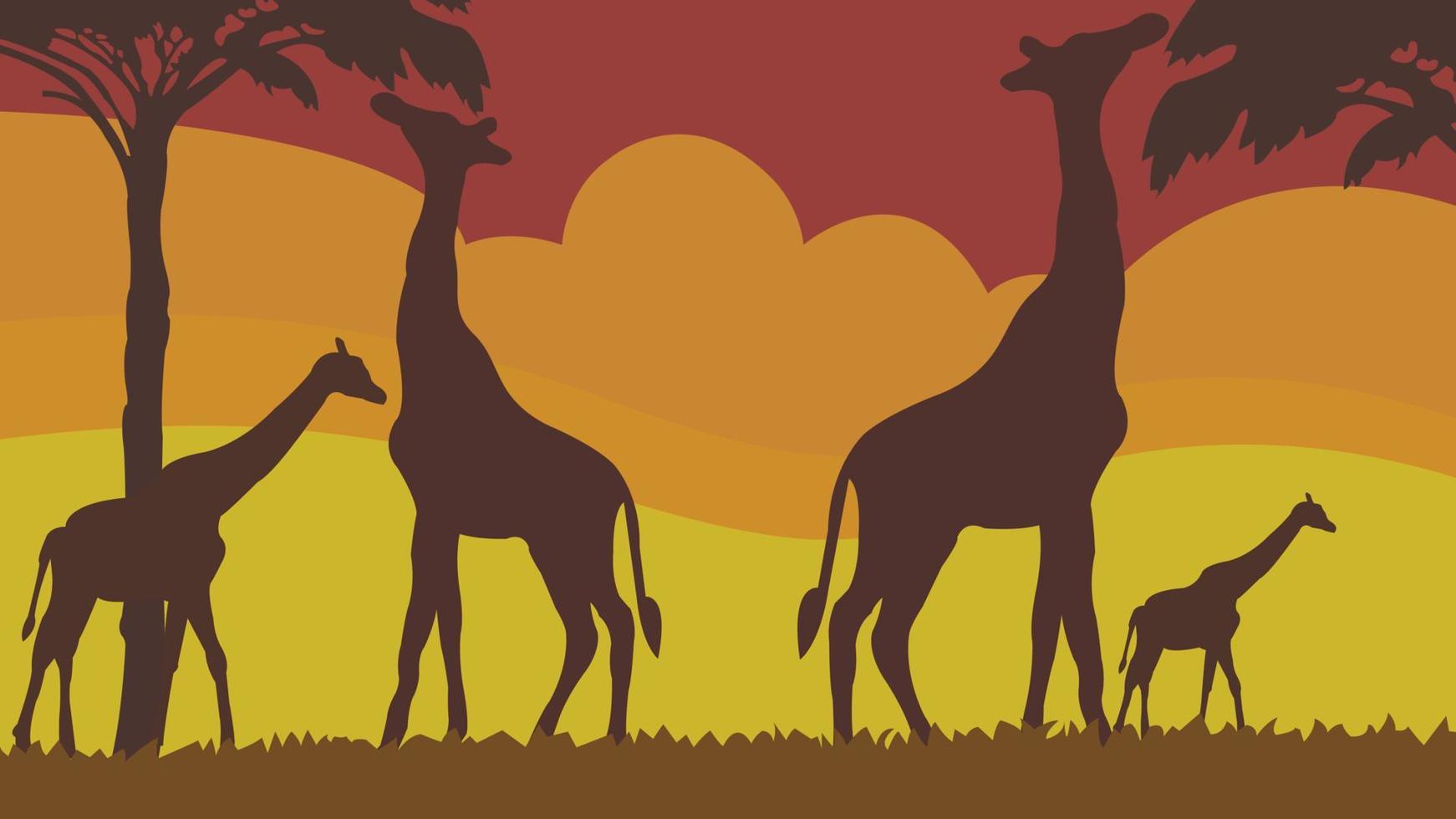 Full frame silhouette family of giraffes in the grassland on multicolor background. vector