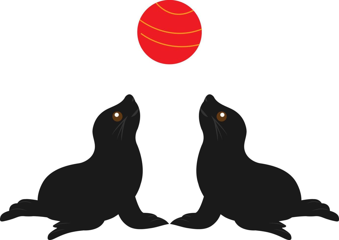 Seals are playing red ball isolated on white background. vector