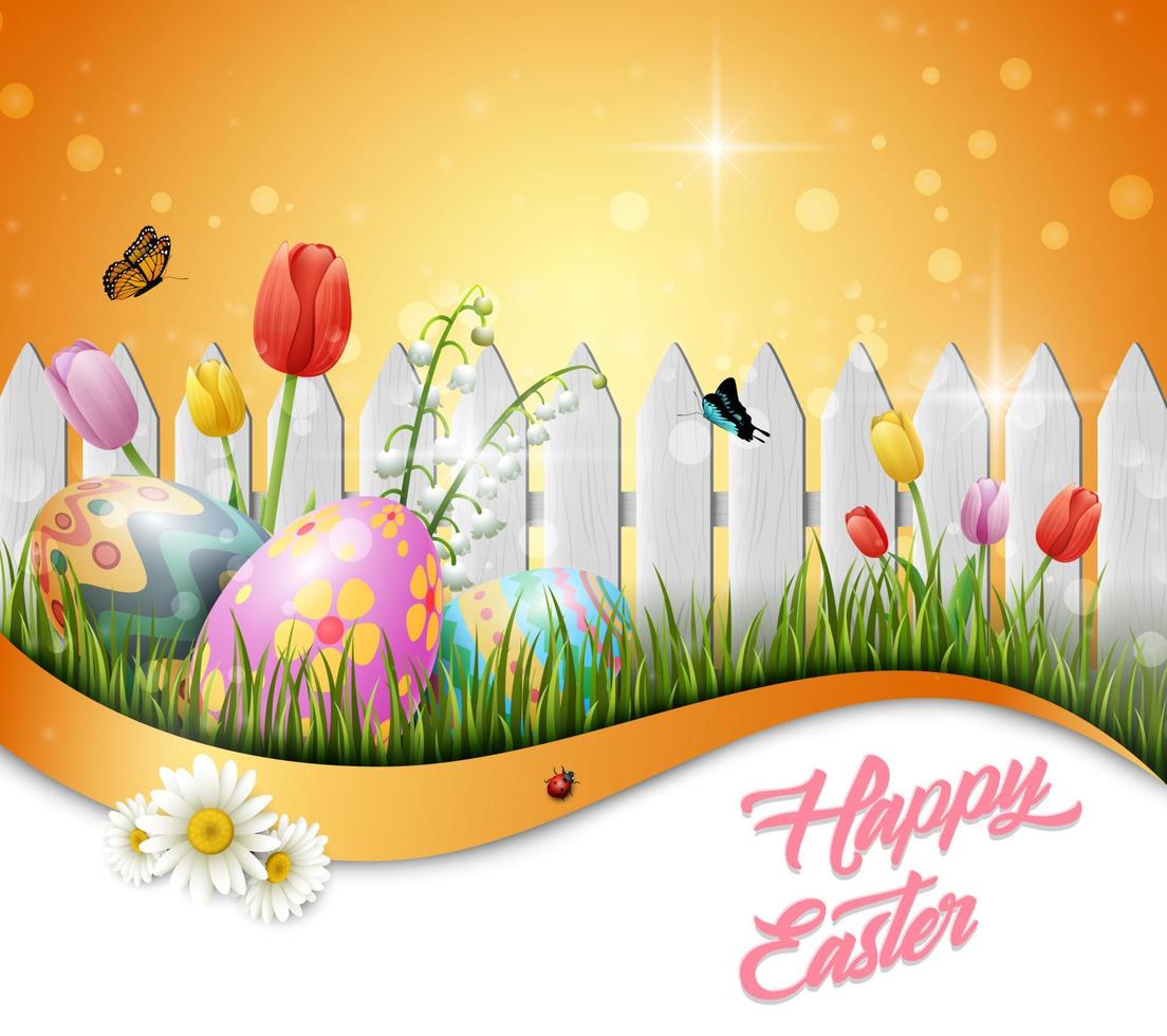 Decorated easter eggs with nature background vector