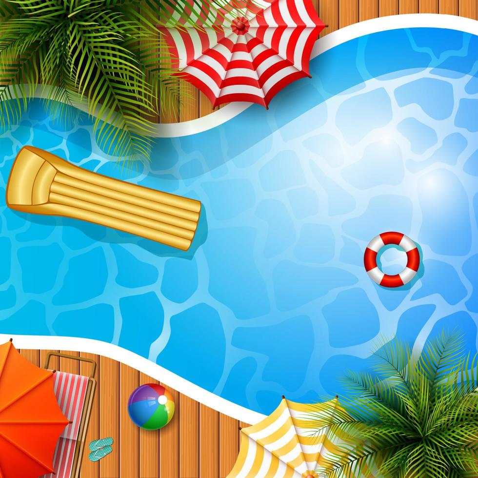 Swimming pool top view with umbrellas, palm trees, loungers, air mattress vector