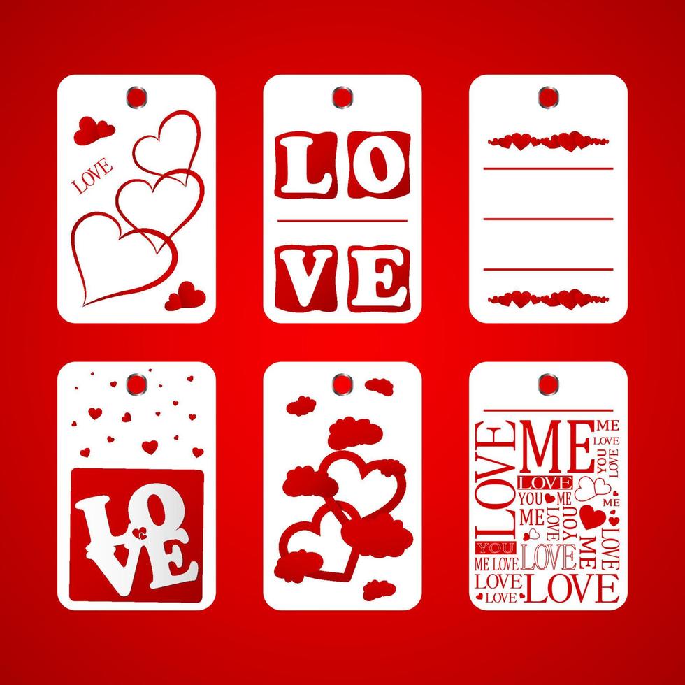 Collection of Happy Valentines day gift tags. Set of hand drawn holiday label in white and red. Romantic badge design vector