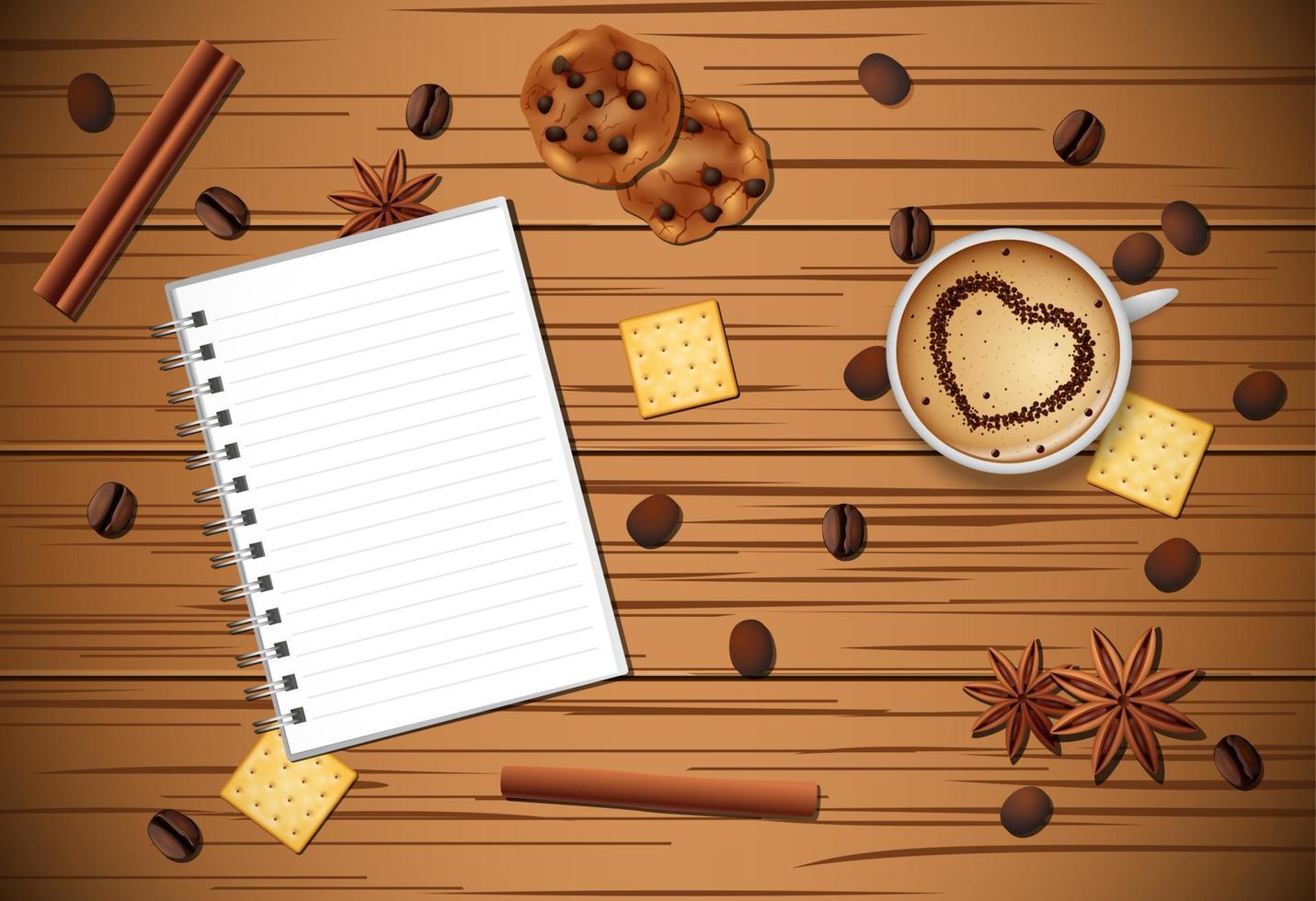 Vintage frame with cup of coffee, cinnamon, and biscuit on wooden table vector