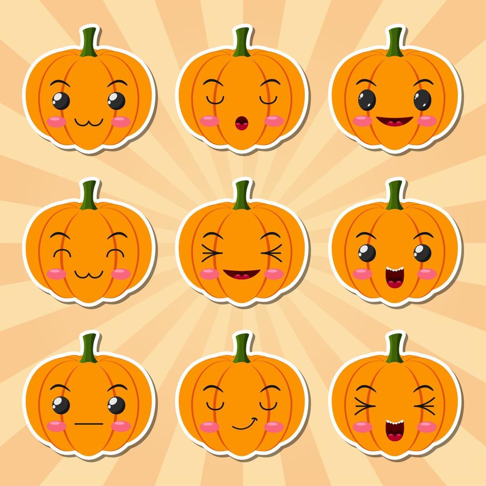 iconos de etiqueta engomada de calabaza de halloween de dibujos animados divertidos vector