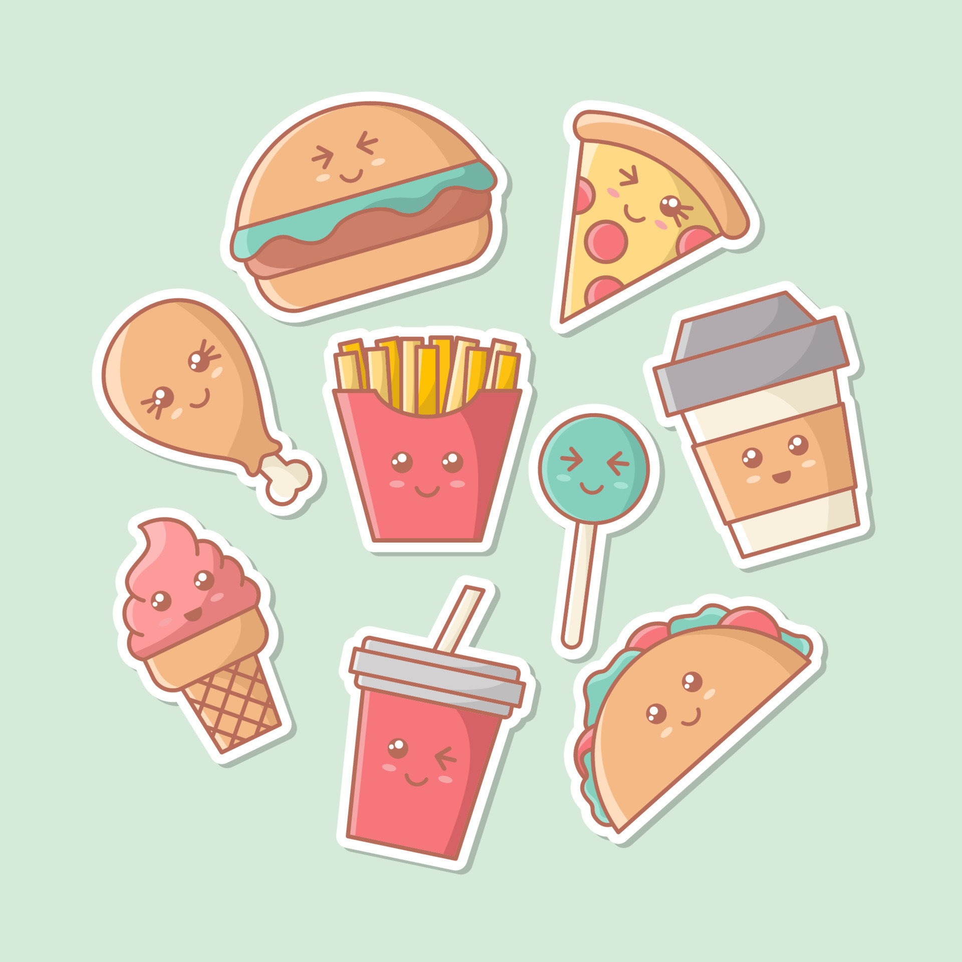 Cute Kawaii Food Cartoon Sticker Collection 11062524 Vector Art at Vecteezy