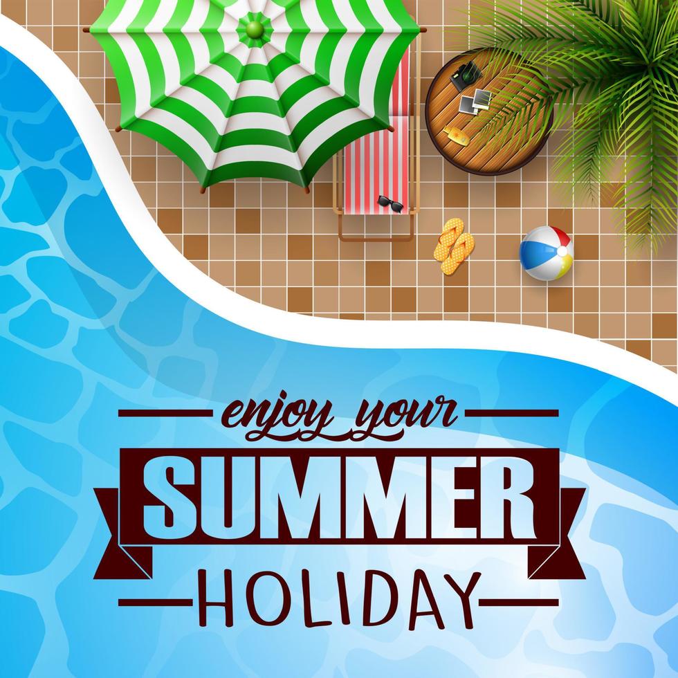 Swimming pool top view with umbrellas, palm trees, loungers, air mattress vector