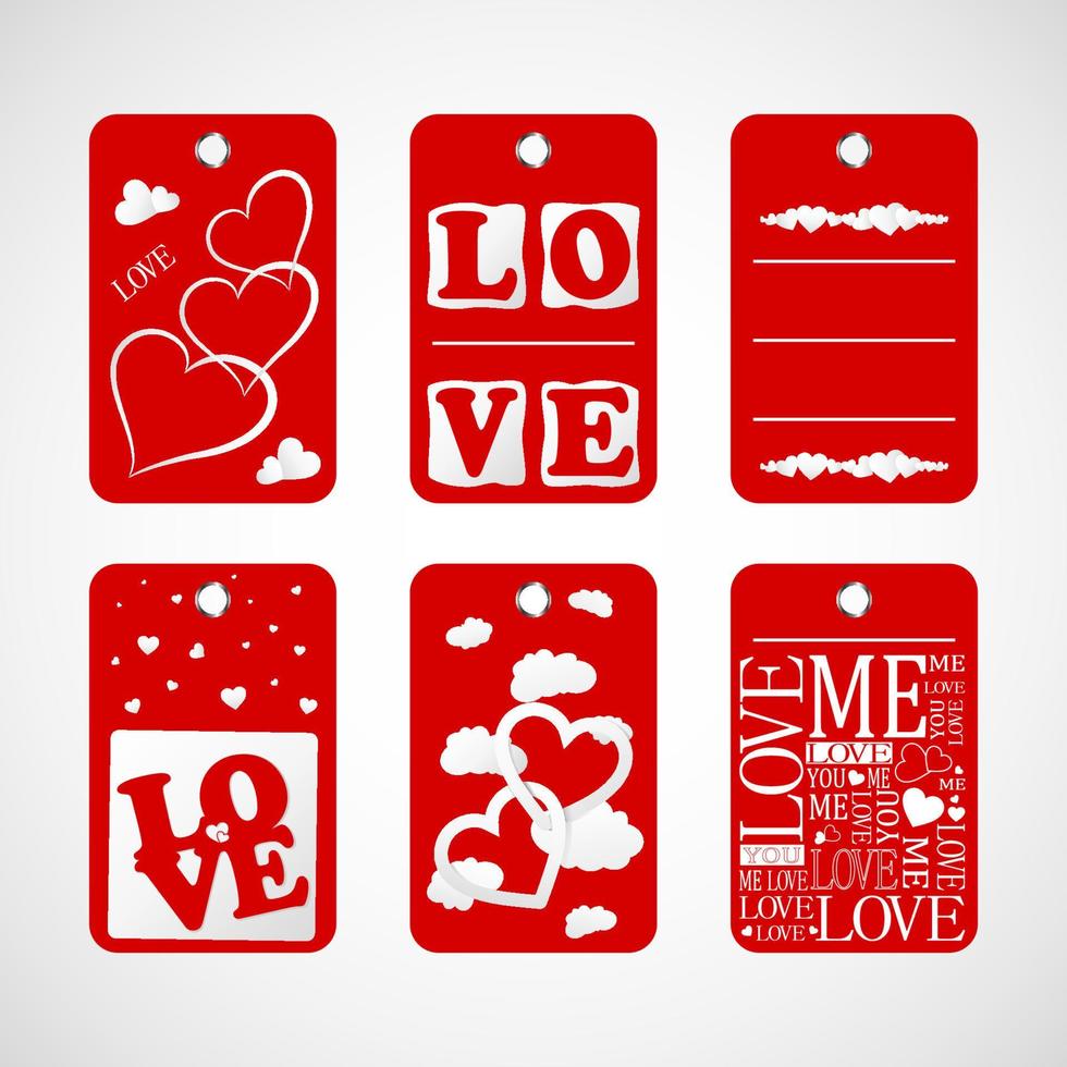 Collection of Happy Valentines day gift tags. Set of hand drawn holiday label in white and red. Romantic badge design vector