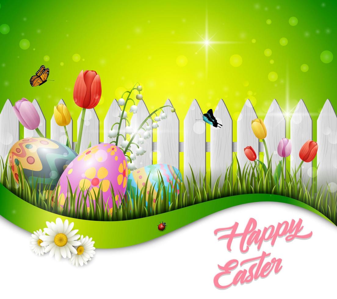 Decorated easter eggs with nature background vector