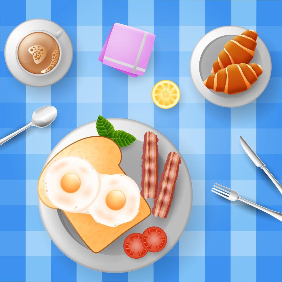 Breakfast with eggs, bacon, bread, croissant and a cup of coffee vector