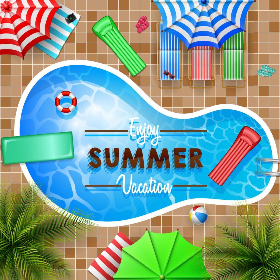 Swimming pool top view with umbrellas, palm trees, loungers, air mattress vector
