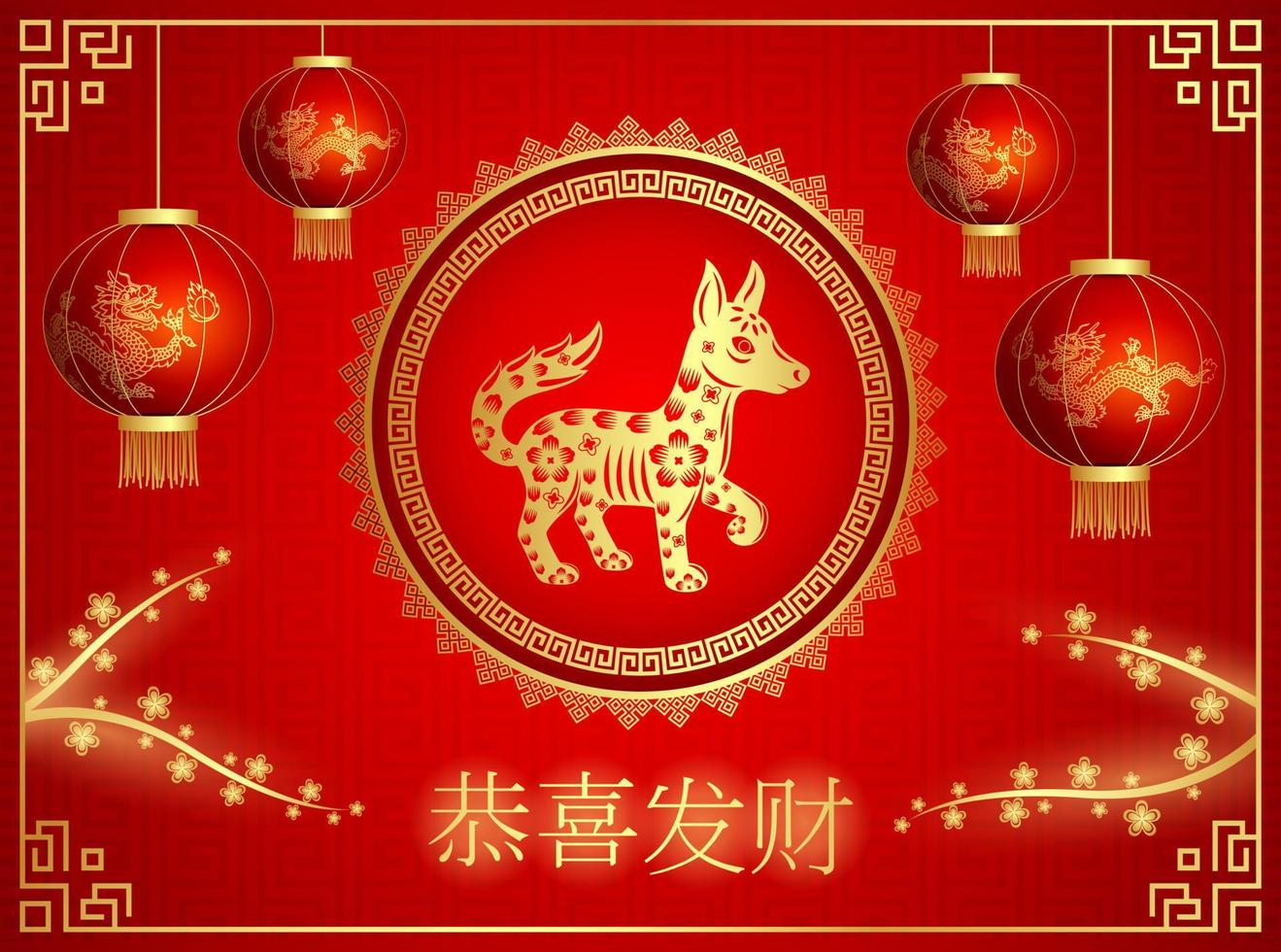 Happy Chinese New Year card of the dog with words. Chinese character mean happy new year vector