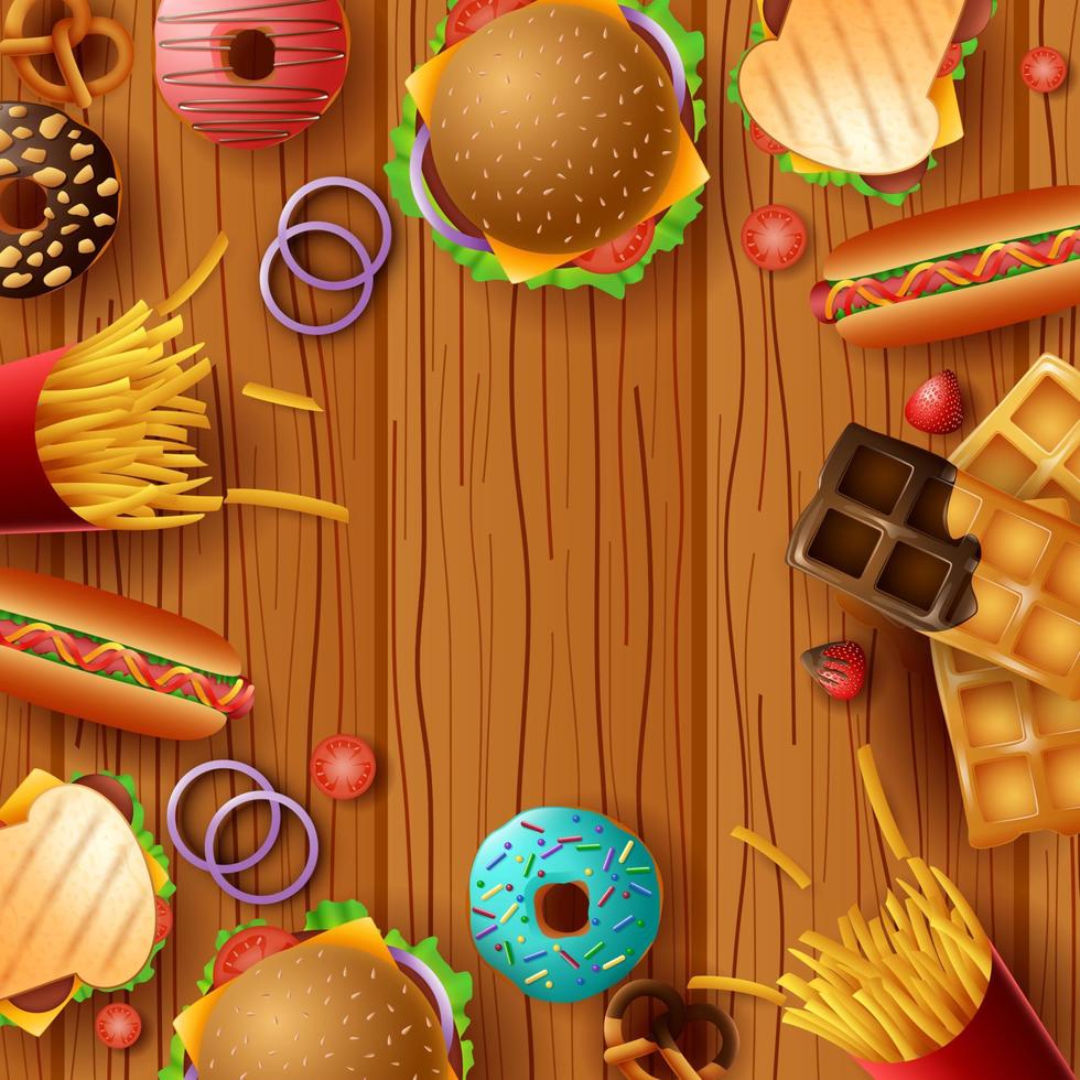 Background frame with fast food and dessert vector