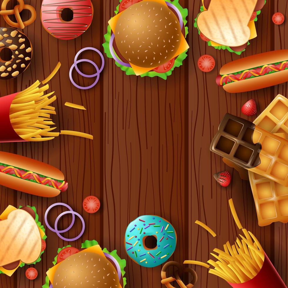 Background frame with fast food and dessert vector