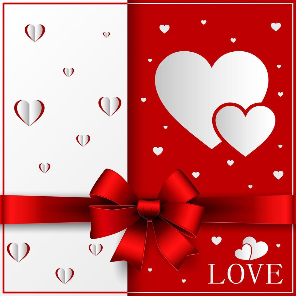 Valentines day greeting card with cut out heart, ribbon on ornate two colors background. vector