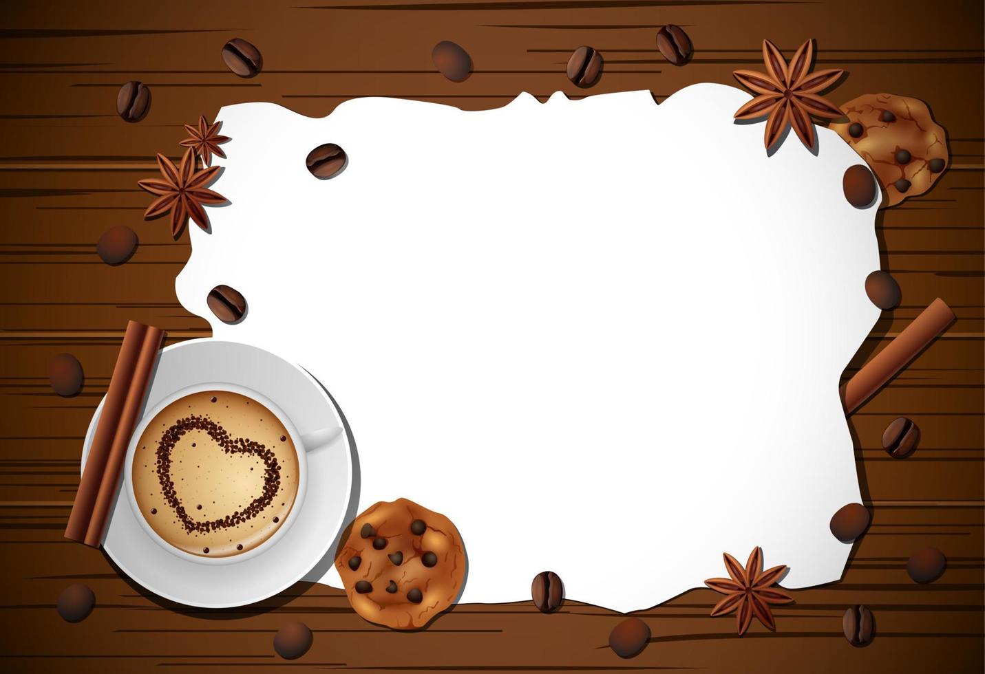Vintage frame with cup of coffee, cinnamon, and biscuit on wooden table vector