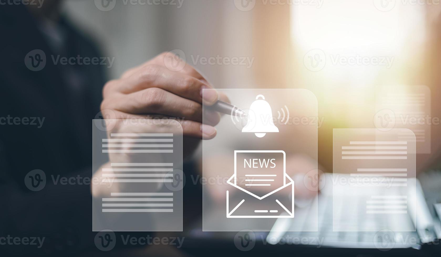 Businessman using pen touch finger to press the button. Notification bell button on the smartphone app screen, documents Online, contract Electronic signature, digital document management, photo