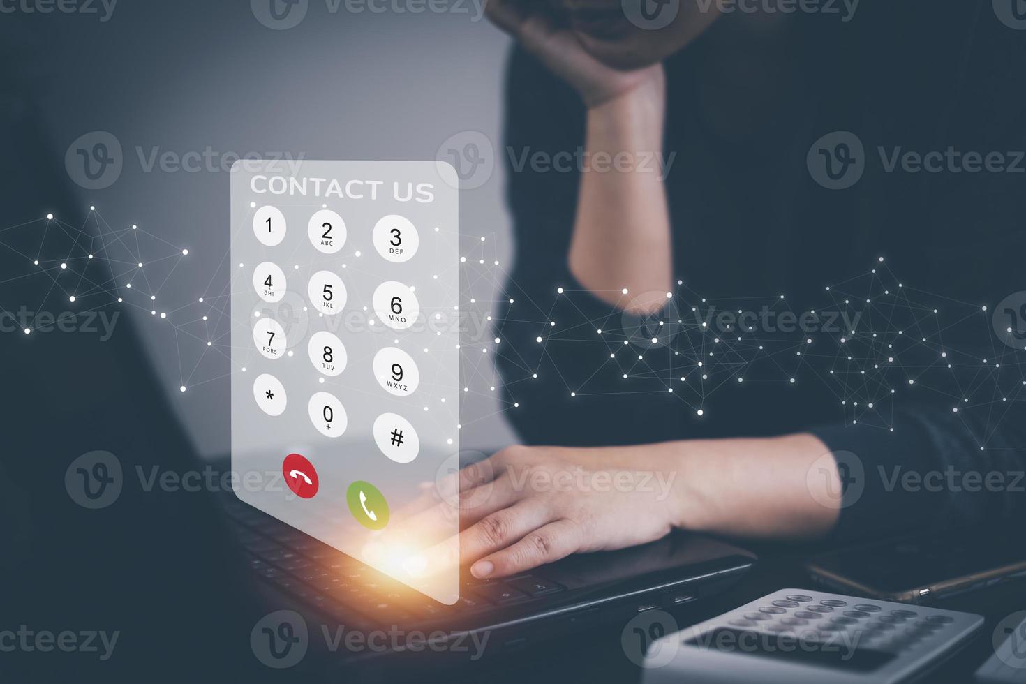 Dialing on virtual telephone keypad with Emergency and transparent telephone buttons, businessman touch button of telephone number on screen, Finger touch number on smartphone to makecall, close up photo