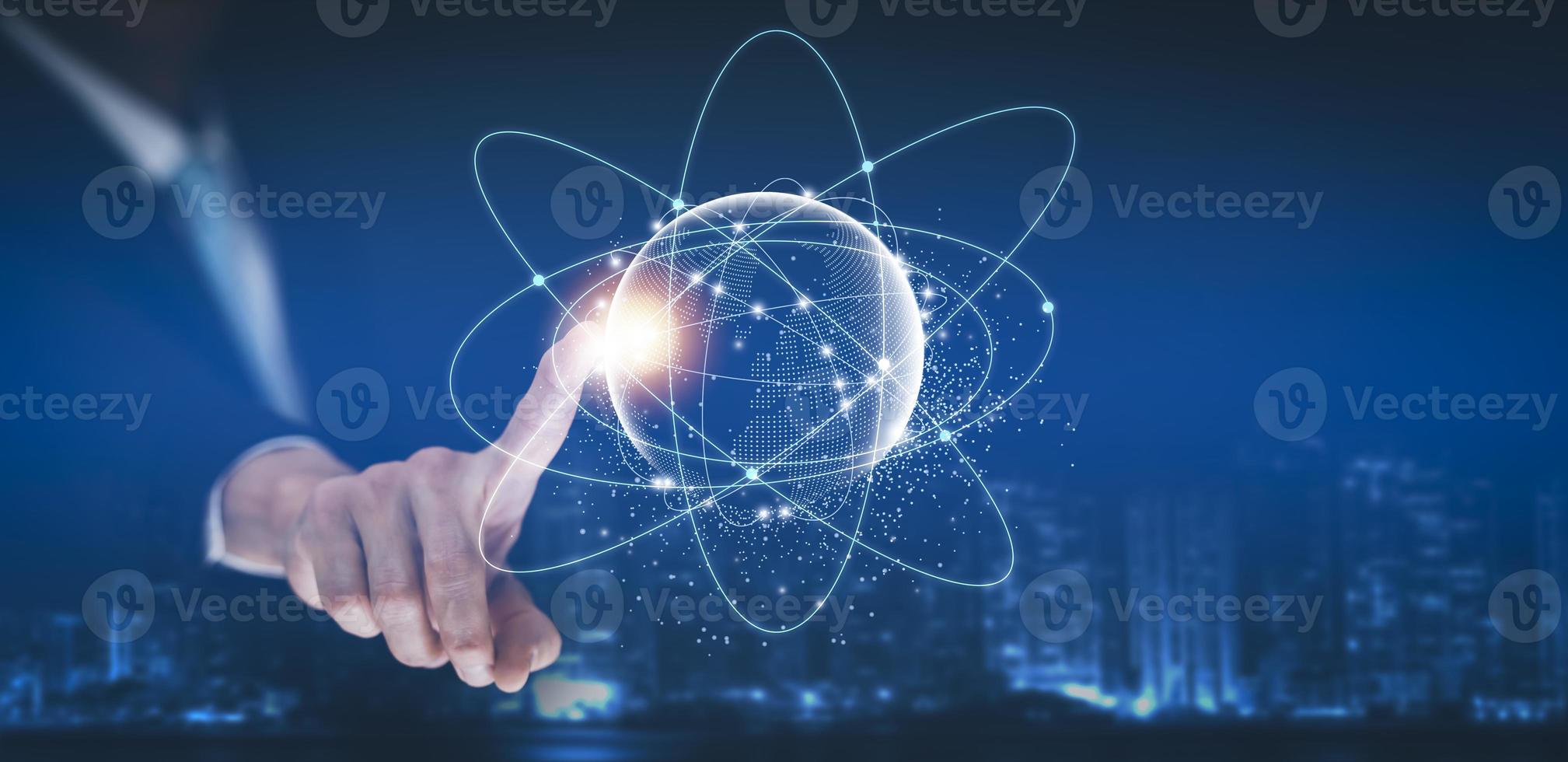 Hand touch virtual world line connections system and global data exchange. ,Business network connection concept. hologram screen displaying modern web system Wireless connection futuristic concept photo