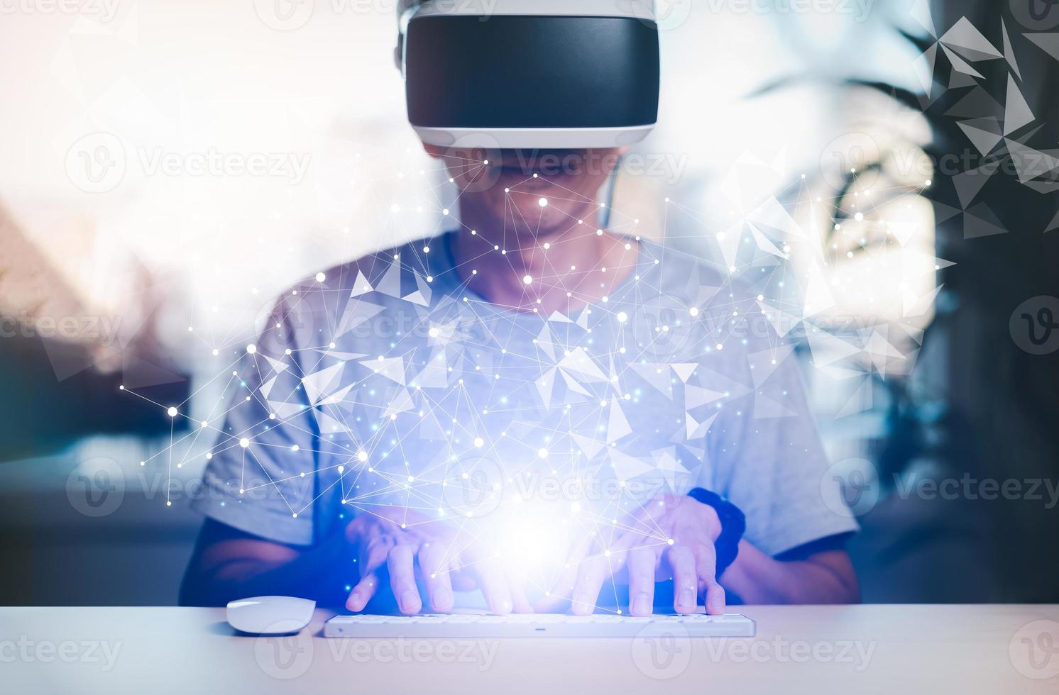 Man wearing VR glasses virtual with global network connection. Internet communication, Wireless connection technology. Futuristic technology with polygonal shapes,Communication and marketing concept, photo