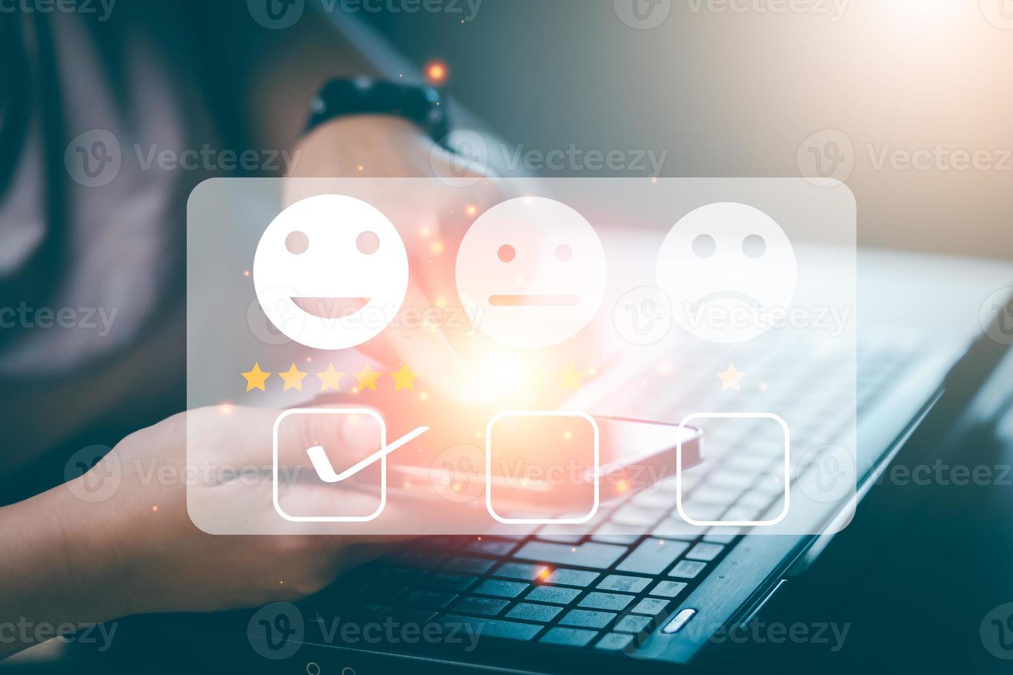 Happy and unhappy Smile face concept,Customer service and Satisfaction concept,Business people touch virtual screen on the happy Smile face icon to give satisfaction in service, rating very impressed. photo