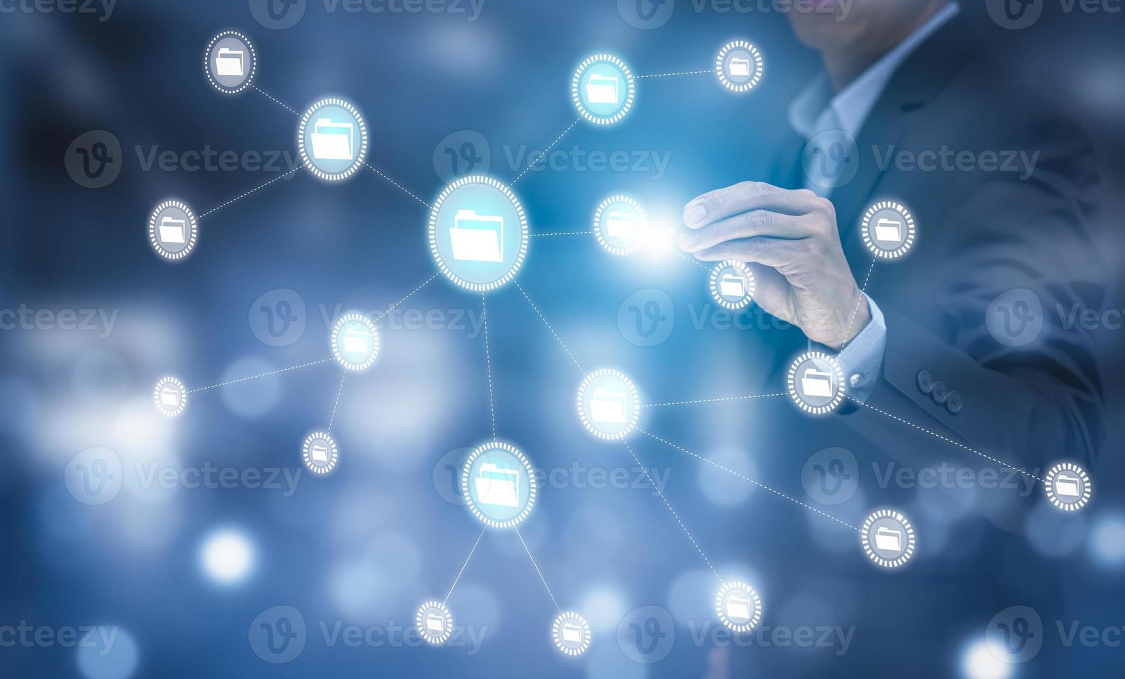 Online documentation database and document management system concept, Businessman using pen touch Document Management System and Automation software to archiving and efficiently manage. photo