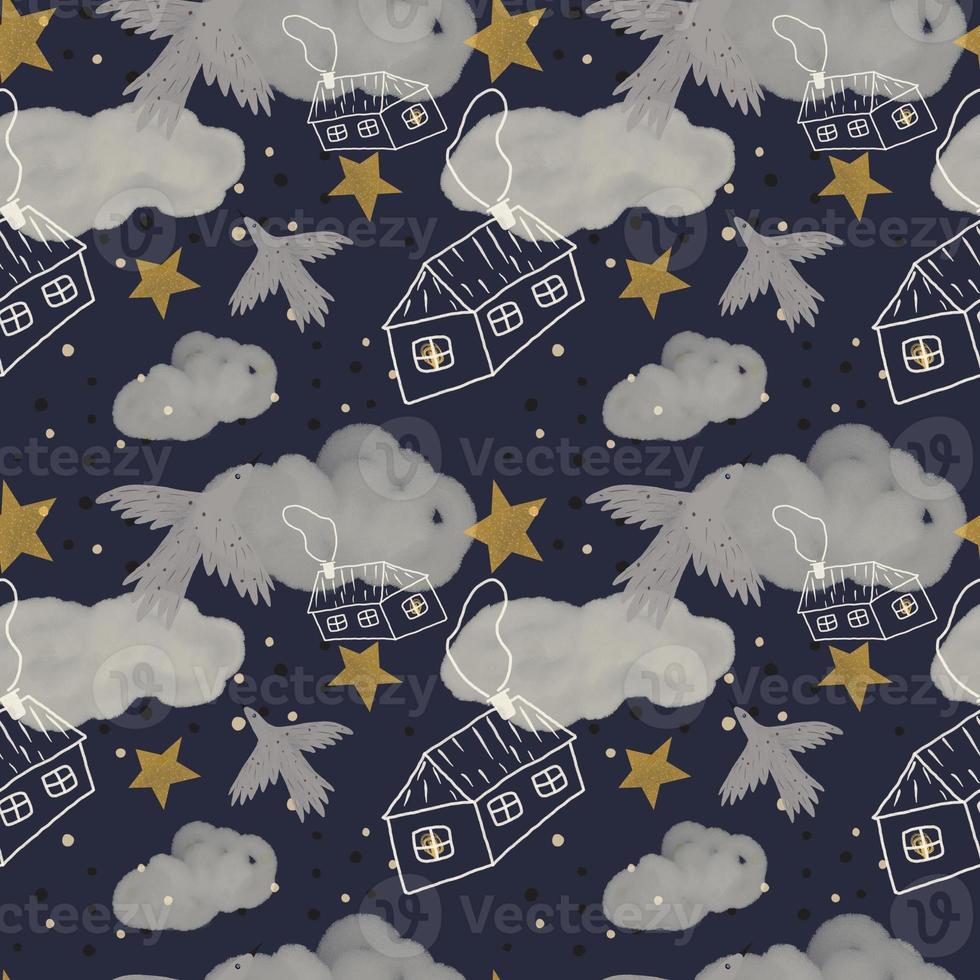 cute seamless square pattern with night sky, birds and stars. Trendy illustration painted in Russian gouache and watercolor photo