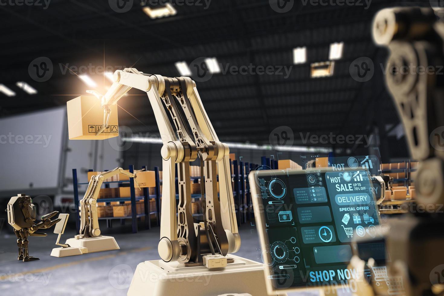 AI Robot arm Object for manufacturing industry technology Product export and import of future Robot cyber in the warehouse by hand mechanical future technology photo