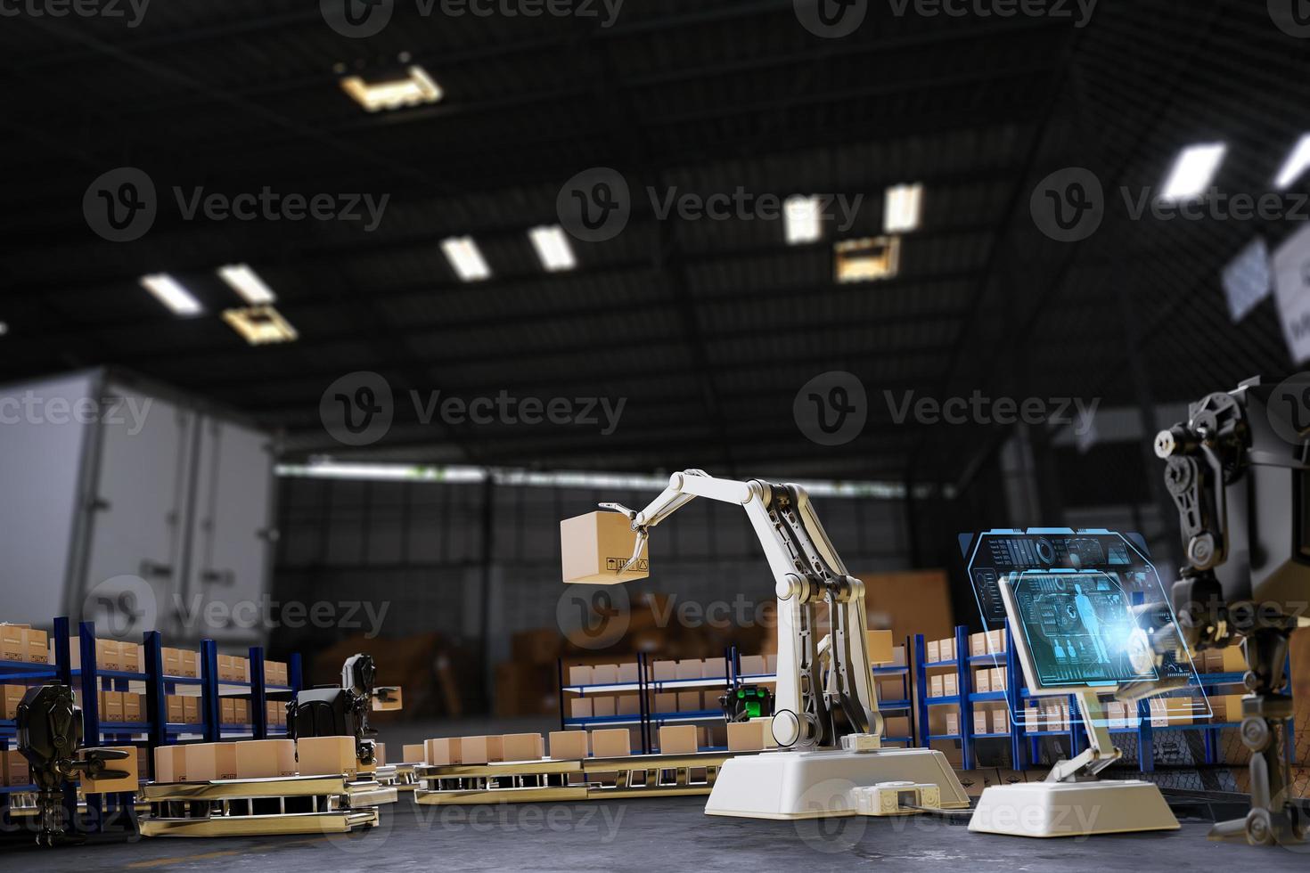 AI Robot arm Object for manufacturing industry technology Product export and import of future Robot cyber in the warehouse by hand mechanical future technology photo