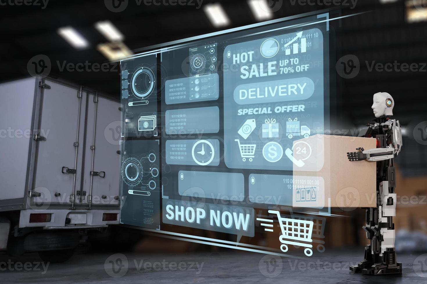 Robot arm Hold Box Object for manufacturing industry technology Product export and import of future Robot cyber in the warehouse by hand mechanical future technology photo