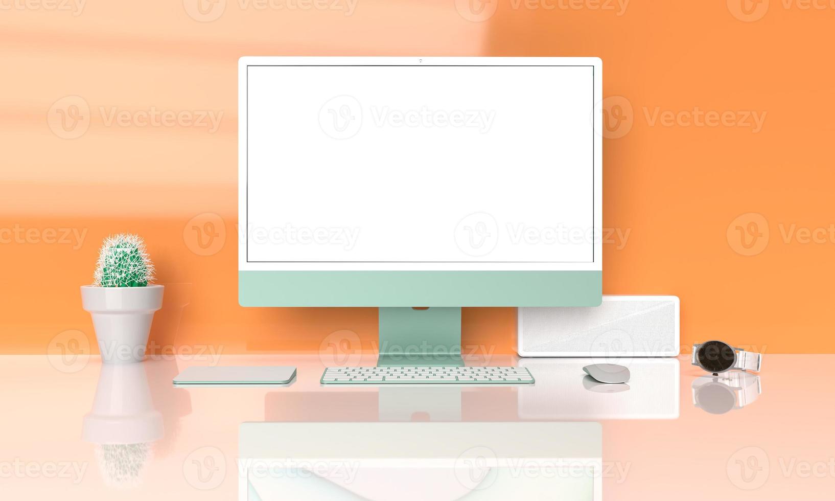 interior indoor studio house orange wall room green computer notebook laptop tablet loudspeaker keyboard mouse monitor touchscreen white mockup empty blank technology digital workspace.3d render photo