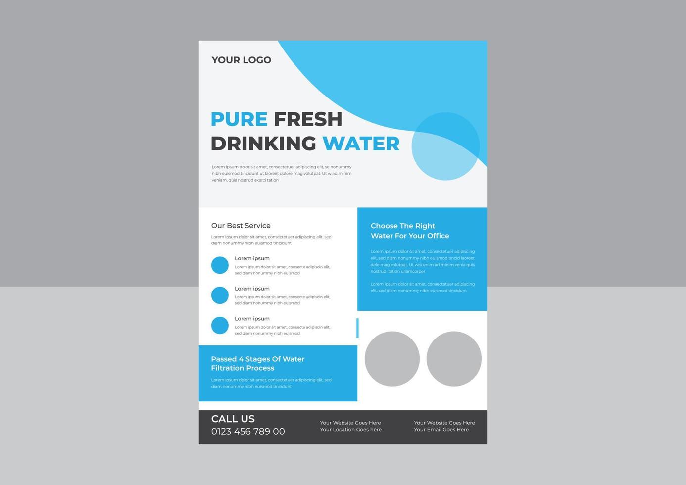 Pure water flyer design, Clean safe water poster design, Water refilling service flyer design. Drink pure water poster template. vector