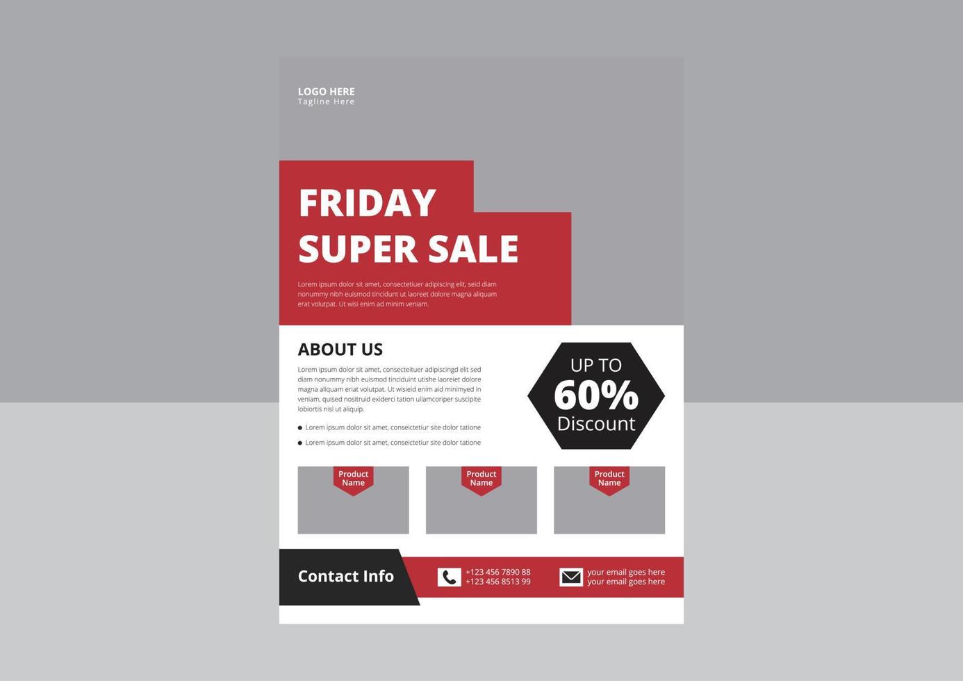 Friday Super Sale Flyer Template Design. Black Friday Sale Promotion with Sample Product. Black Friday Night Vacations flyer design. Cover, A4 paper size, Flyer design. vector