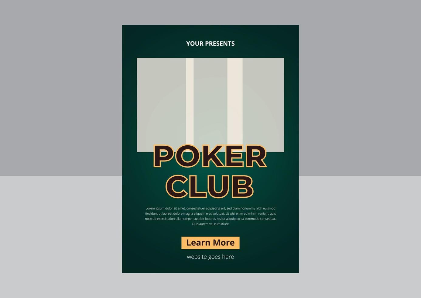 diseño de volante de torneo de póquer. diseño de invitación de torneo de póquer de casino. plantilla de volante a4 de fiesta de póquer. texto dorado con fichas y cartas. diseño vectorial, folleto, póster vector