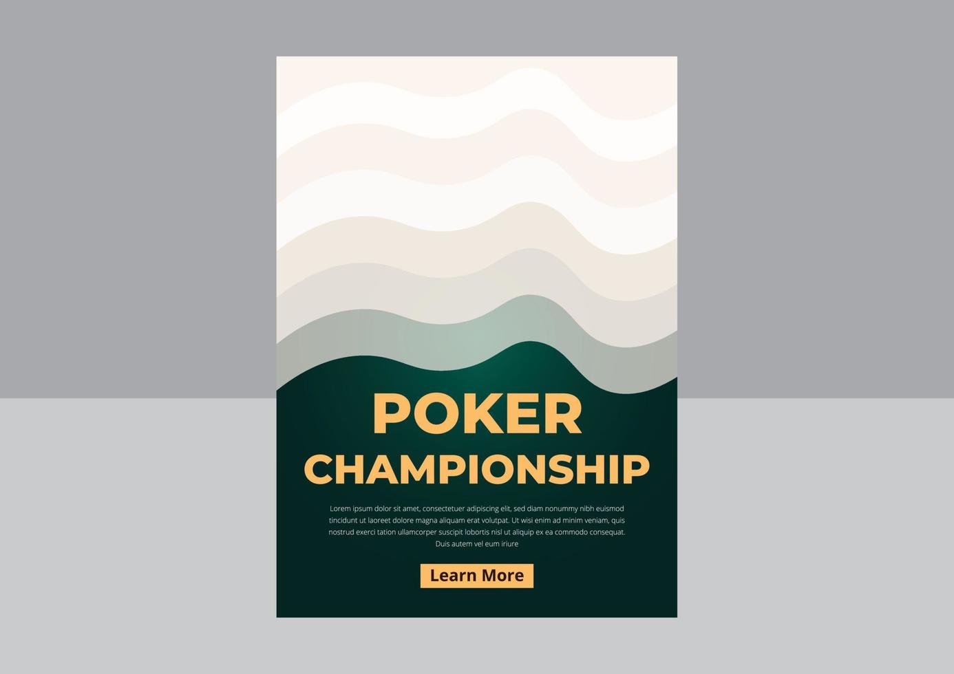 Poker Tournament Flyer Design. Casino poker tournament invitation design. Poker party a4 flyer template. Gold text with playing chips and cards. Vector Design, Flyer, Poster