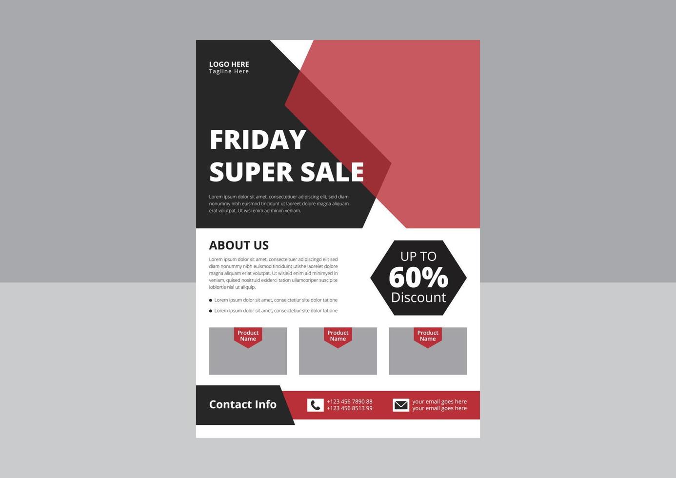 Friday Super Sale Flyer Template Design. Black Friday Sale Promotion with Sample Product. Black Friday Night Vacations flyer design. Cover, A4 paper size, Flyer design. vector