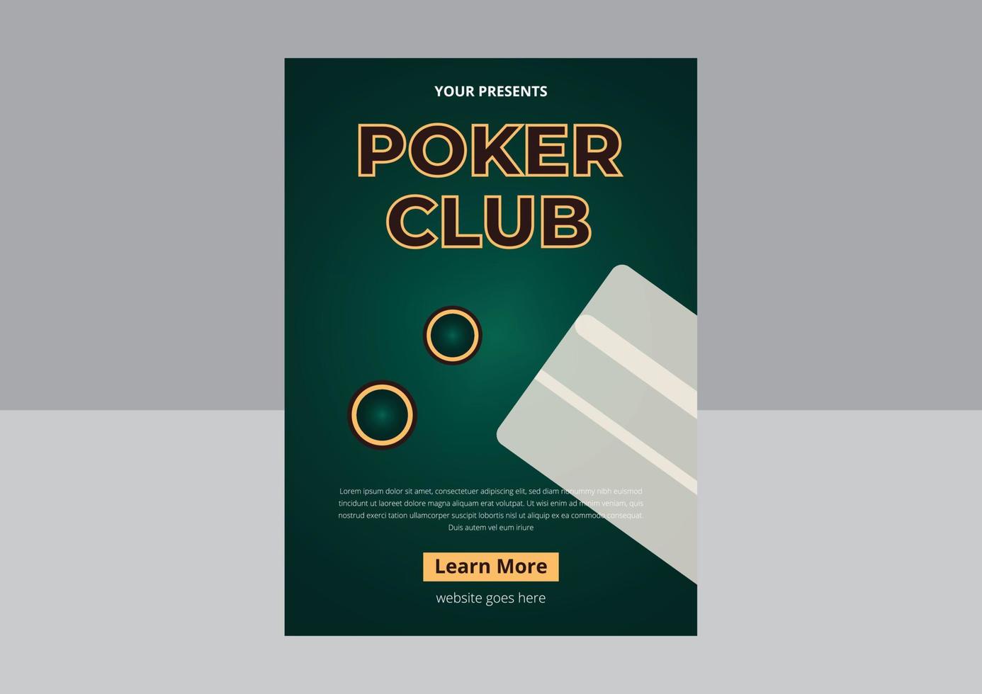 Poker Tournament Flyer Design. Casino poker tournament invitation design. Poker party a4 flyer template. Gold text with playing chips and cards. Vector Design, Flyer, Poster