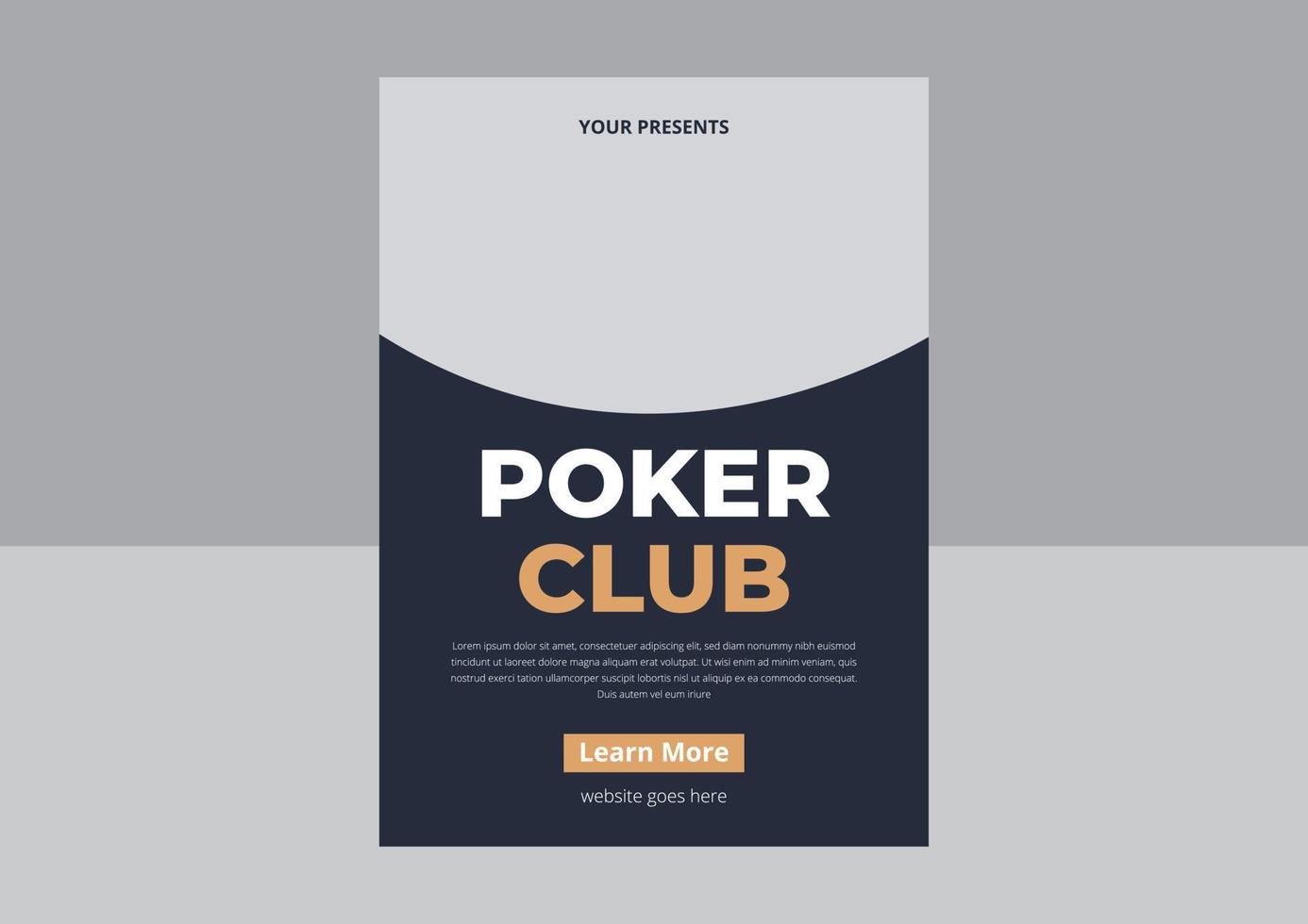 Poker Tournament Flyer Design. Casino poker tournament invitation design. Poker party a4 flyer template. Gold text with playing chips and cards. Vector Design, Flyer, Poster