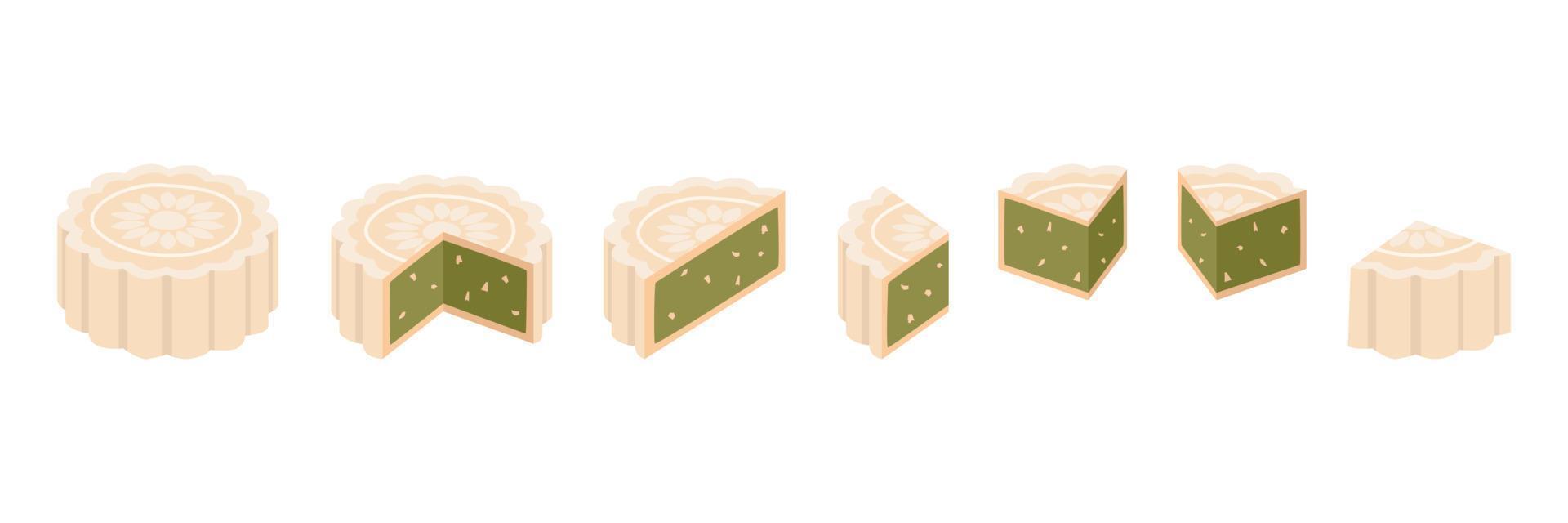 Set of whole, half, a quarter cut slice of sticky rice mooncake with green tea and pumpkin seeds ingredient filling clipart. White mooncake vector design illustration. Mid-Autumn Festival moon cake