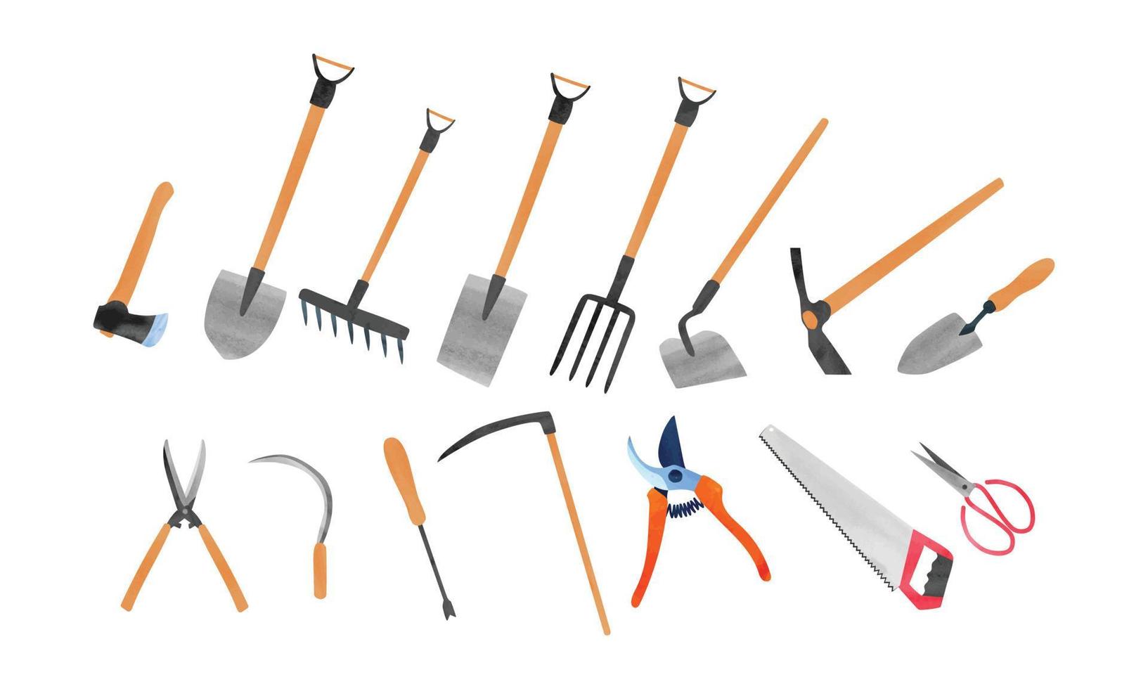 Gardening tools set watercolor illustration isolated on white background. Garden items clipart bundle. Axe, shovel, spade, rake, pitchfork, hoe, mattock, trowel, sickle, scythe, pruning saw, pruners vector