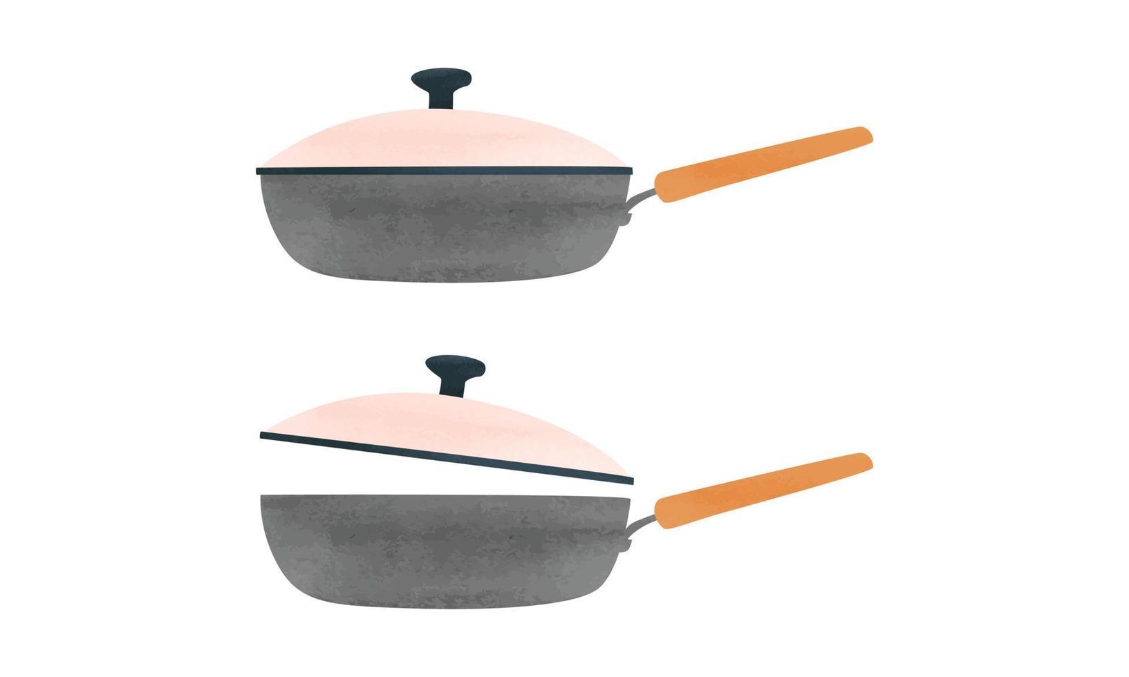 Simple kitchen deep frying pan watercolor style vector illustration isolated on white background. Deep frying pan with lid clipart. Kitchen utensils cartoon hand drawn clipart. Vector design
