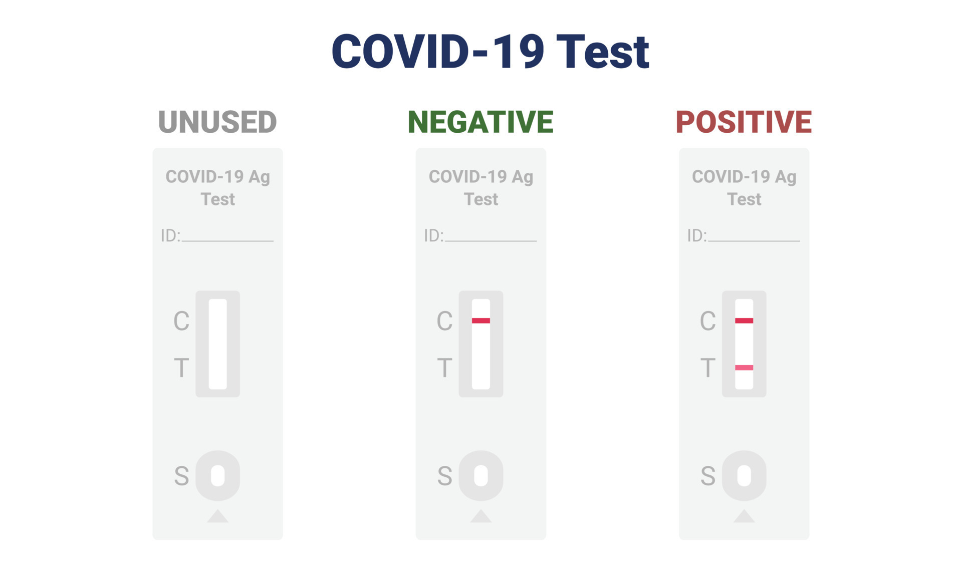 Set of COVID19 rapid test kit showing different results top view flat