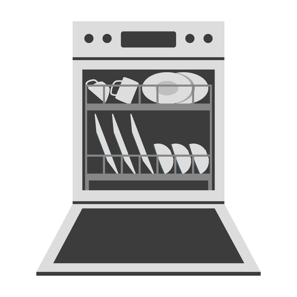Open dishwasher with dishes clipart vector illustration. Simple modern stainless steel fully integrated built-in dishwasher range machine flat vector design. Domestic and kitchen appliances concept