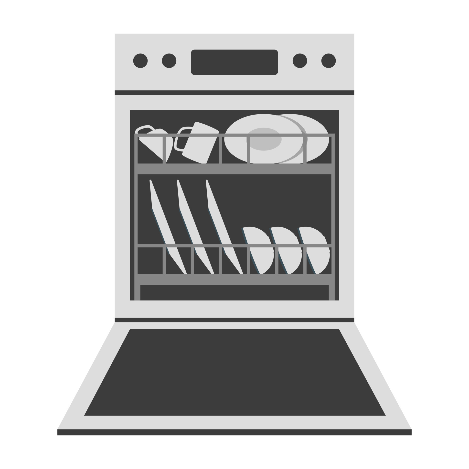 Open dishwasher with dishes clipart vector illustration. Simple modern