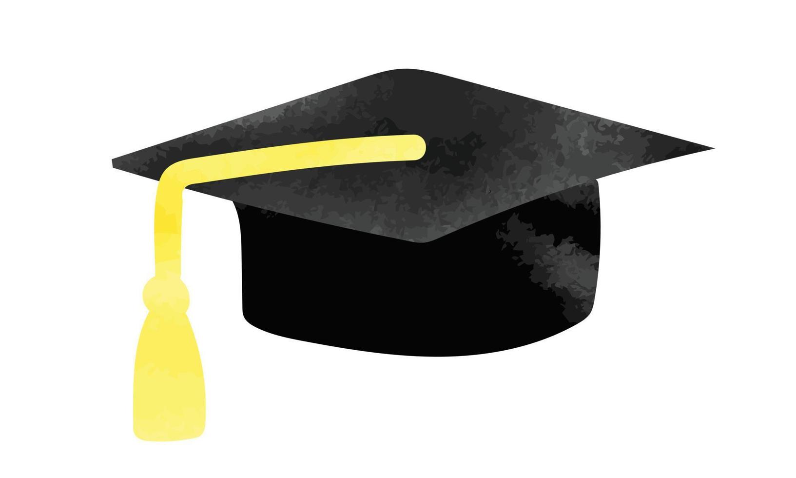 vector de dibujo de acuarela de mano de gorra de graduación negra aislado sobre fondo blanco. gorra de posgrado con borla acuarela clipart. académico sombrero acuarela artística clipart