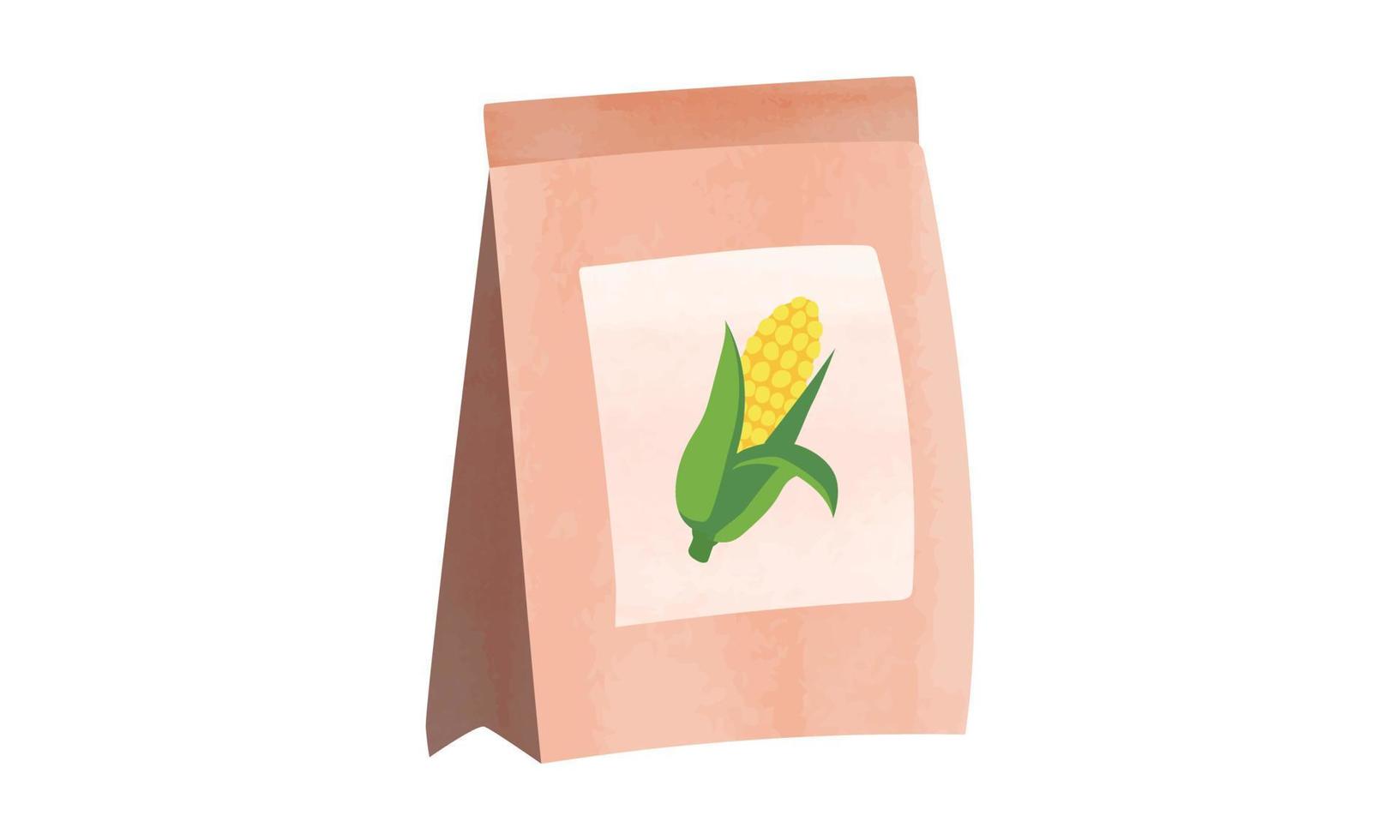 Corn seeds package watercolor illustration isolated on white background. Pack of corn seeds clipart cartoon style. Vegetable seeds package watercolor drawing. Garden work. Garden package of seed vector